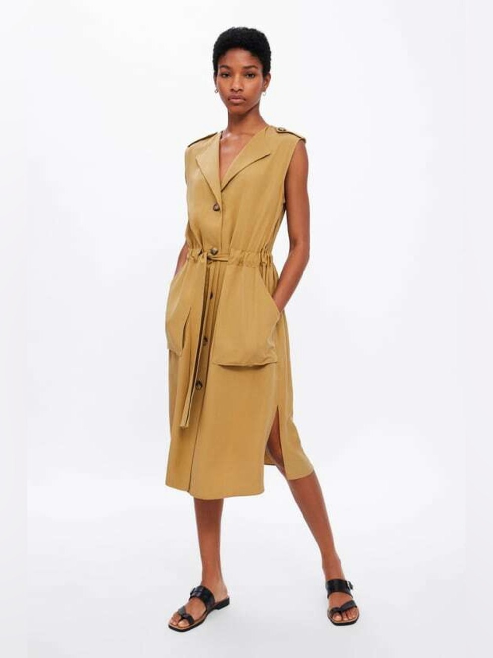 Zara Dress Butterscotch Khaki Mustard Buttoned Waistcoat
